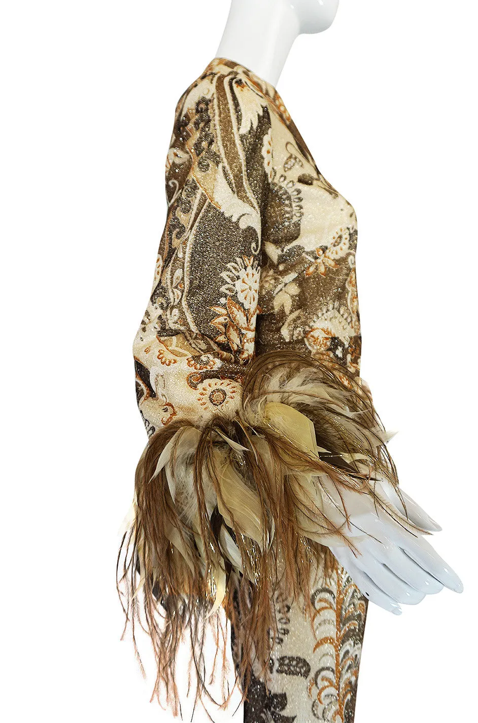 1970s Bill Blass Metallic Gold Lurex Knit & Feather Cuffed Dress