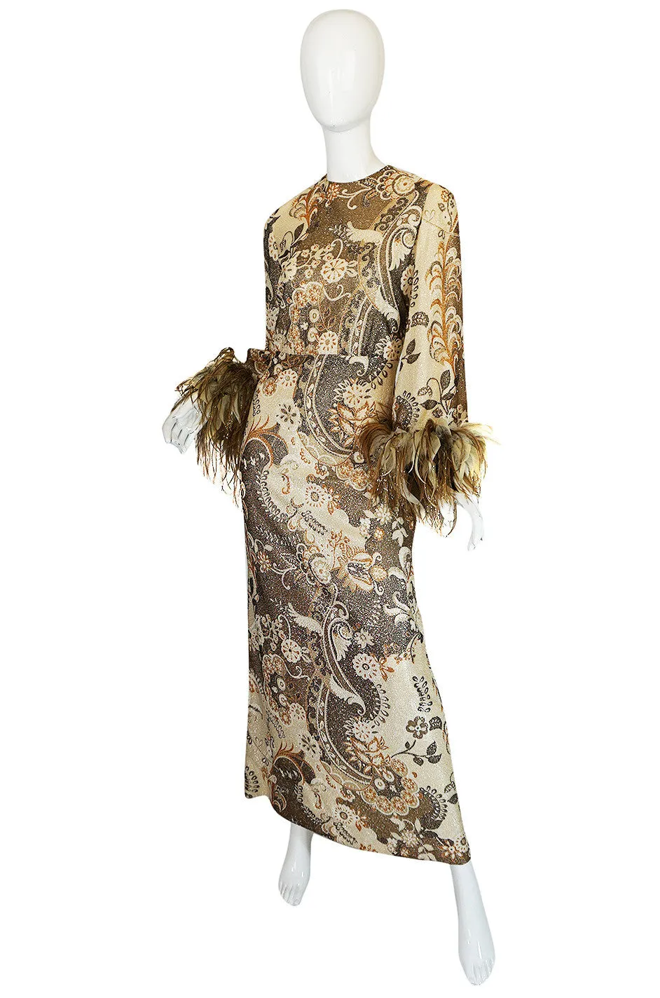 1970s Bill Blass Metallic Gold Lurex Knit & Feather Cuffed Dress