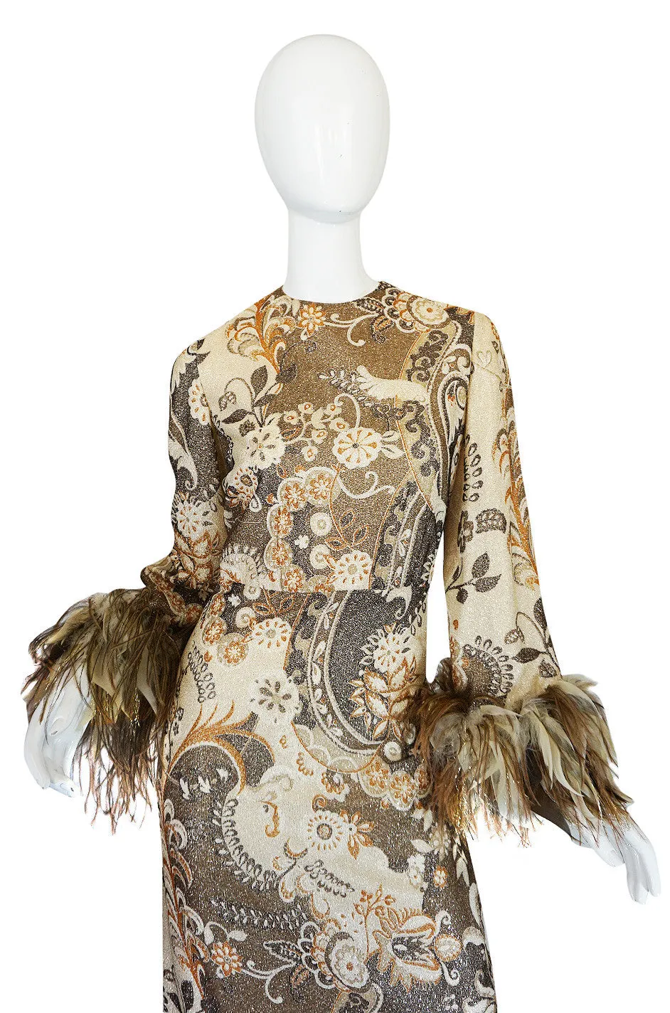 1970s Bill Blass Metallic Gold Lurex Knit & Feather Cuffed Dress