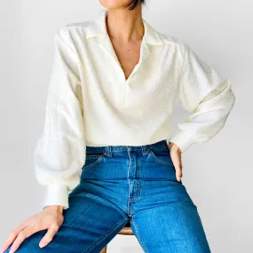1970s Cream Collared Textured Knit Top - Sz. S