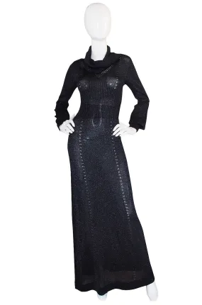 1970s Supermodel Length Wenjilli Metallic Black Dress