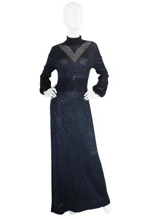 1970s Supermodel Length Wenjilli Metallic Blue Dress
