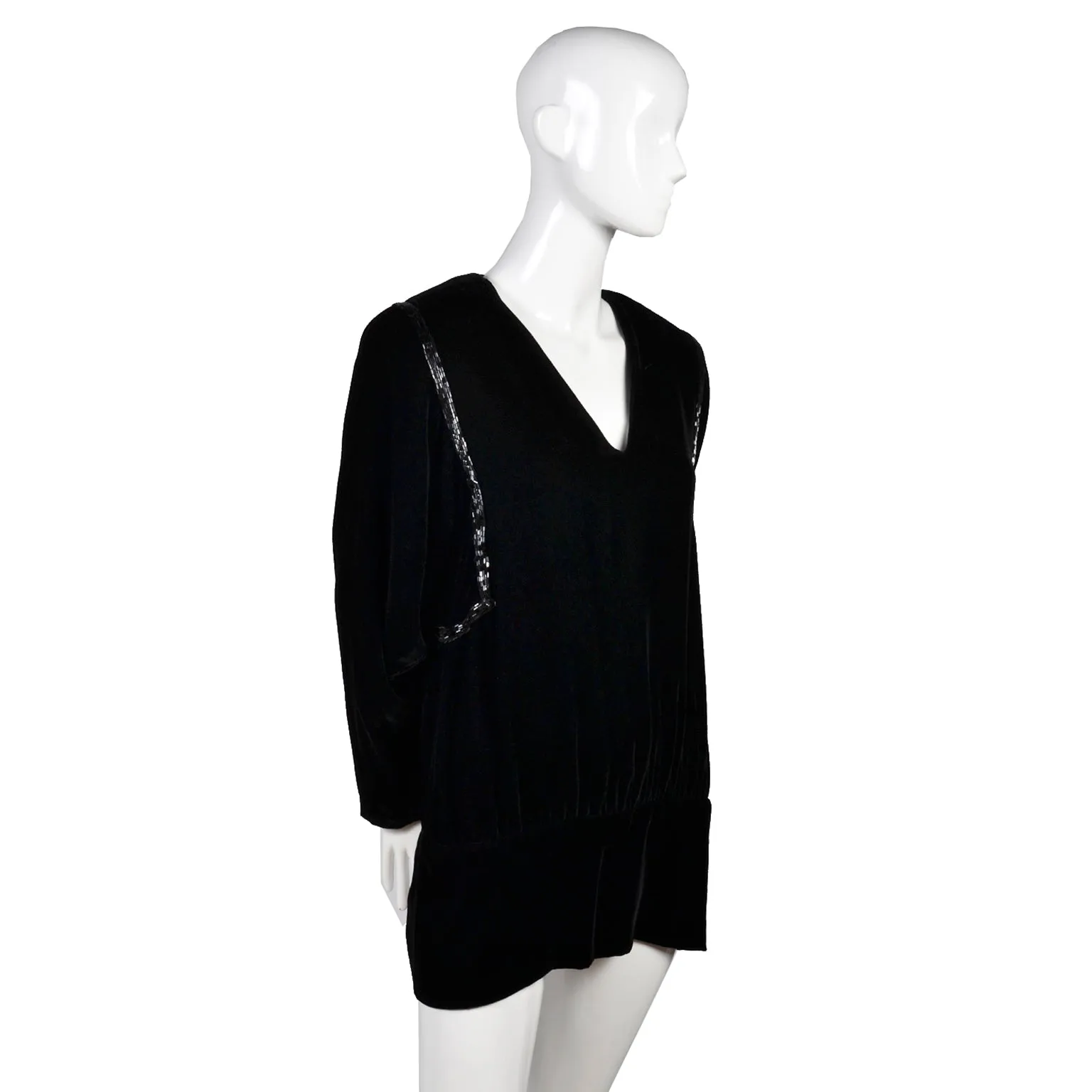1980s Kevan Hall Couture Vintage Silk Blend Black Velvet Beaded Sweater