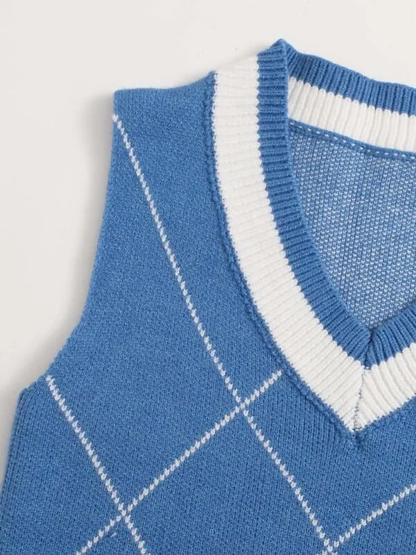 Argyle Pattern Sweater Vest-Blue