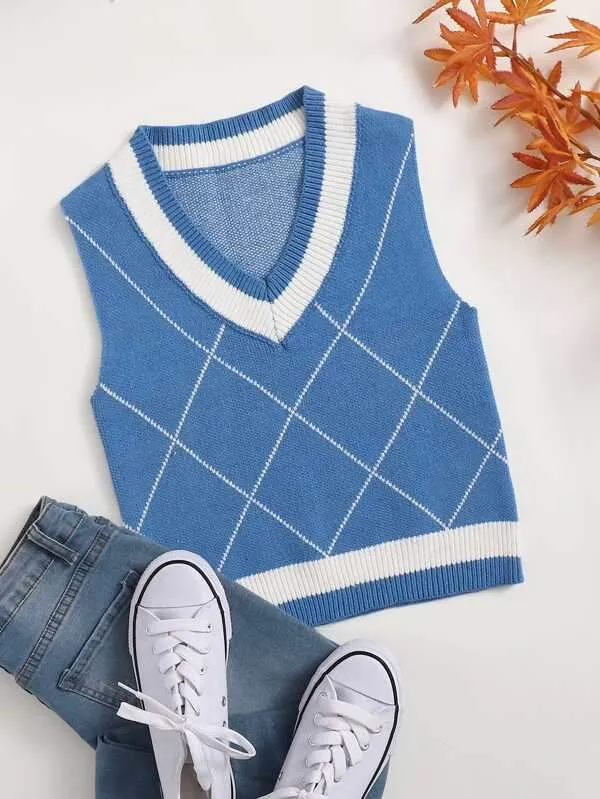 Argyle Pattern Sweater Vest-Blue