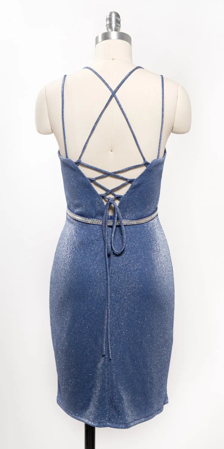 Aspeed D419 Short Fitted Sheath Glitter Cocktail Dress Double Straps