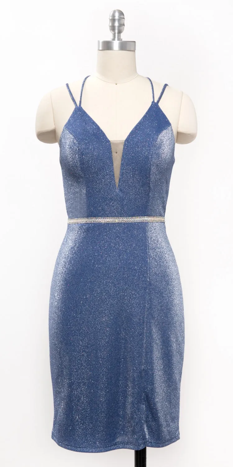 Aspeed D419 Short Fitted Sheath Glitter Cocktail Dress Double Straps