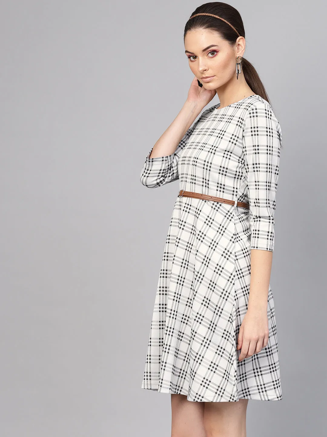 Black & Grey Check Belted Skater Dress