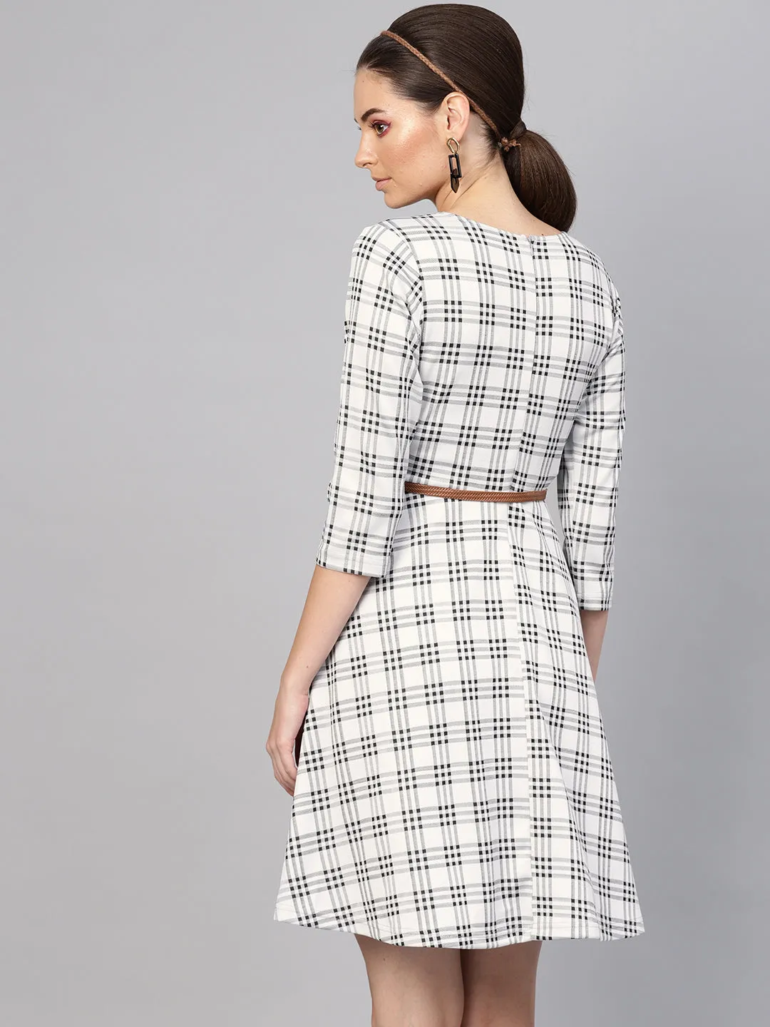 Black & Grey Check Belted Skater Dress