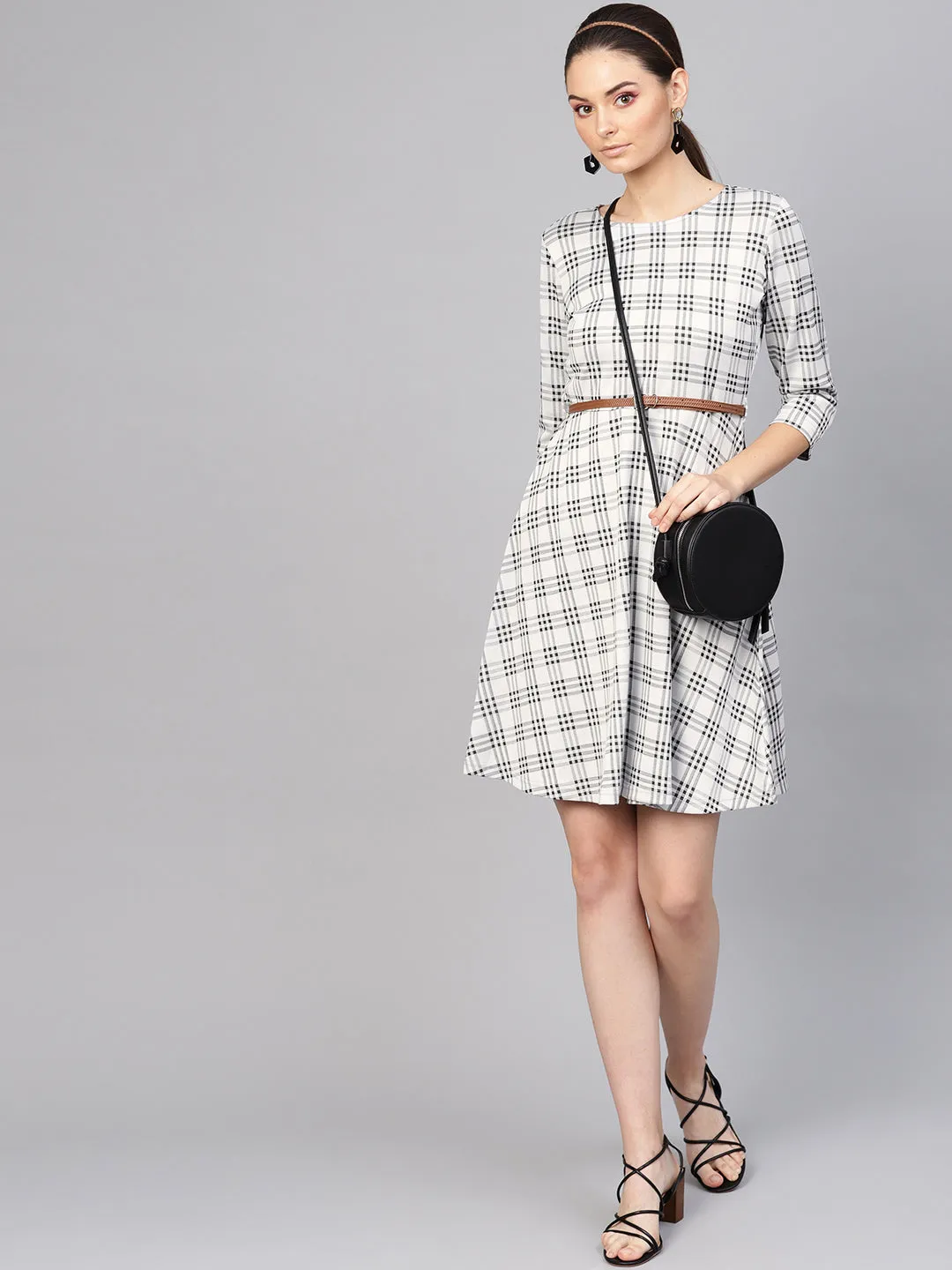 Black & Grey Check Belted Skater Dress