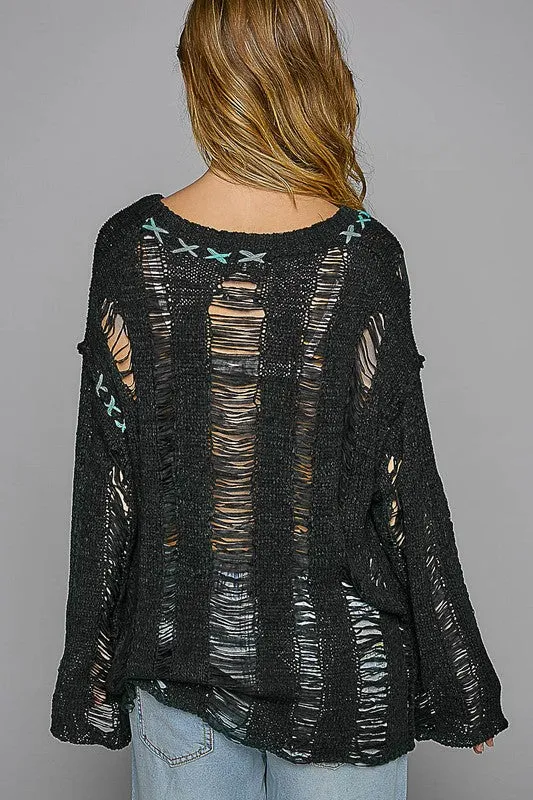 Black Stitch Detail Long Sleeve Distressed Sweater