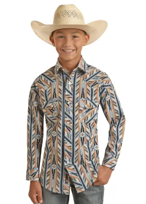 Boy's Rock & Roll Dale Brisby Blue/Tan Aztec Snap Shirt