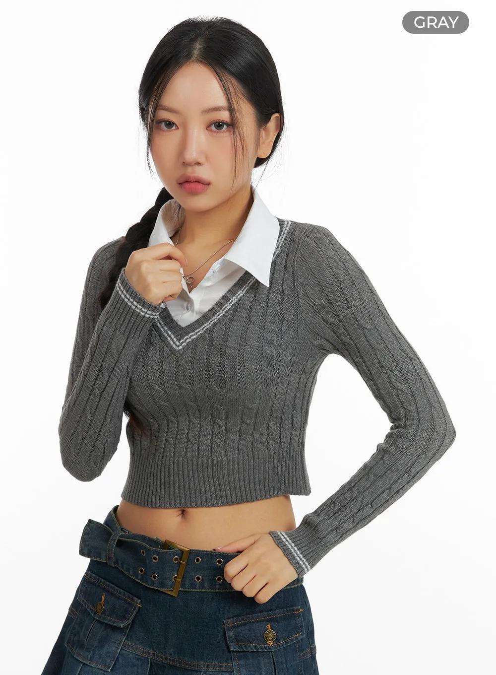 Cable Knit Collar Crop Sweater CF426
