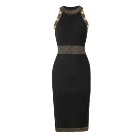 Classy Button Detail Lurex Trim Crew Neck Sleeveless Bodycon Midi Sweater Dress