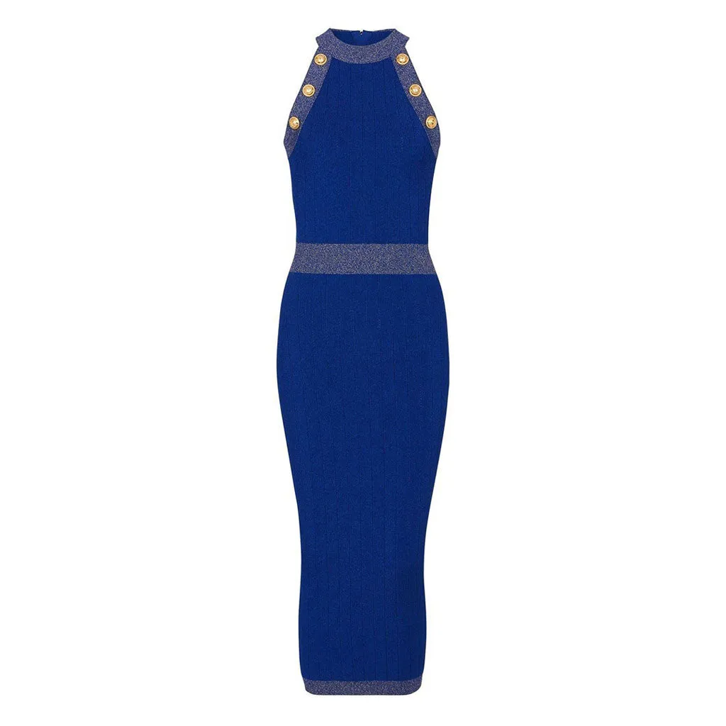Classy Button Detail Lurex Trim Crew Neck Sleeveless Bodycon Midi Sweater Dress