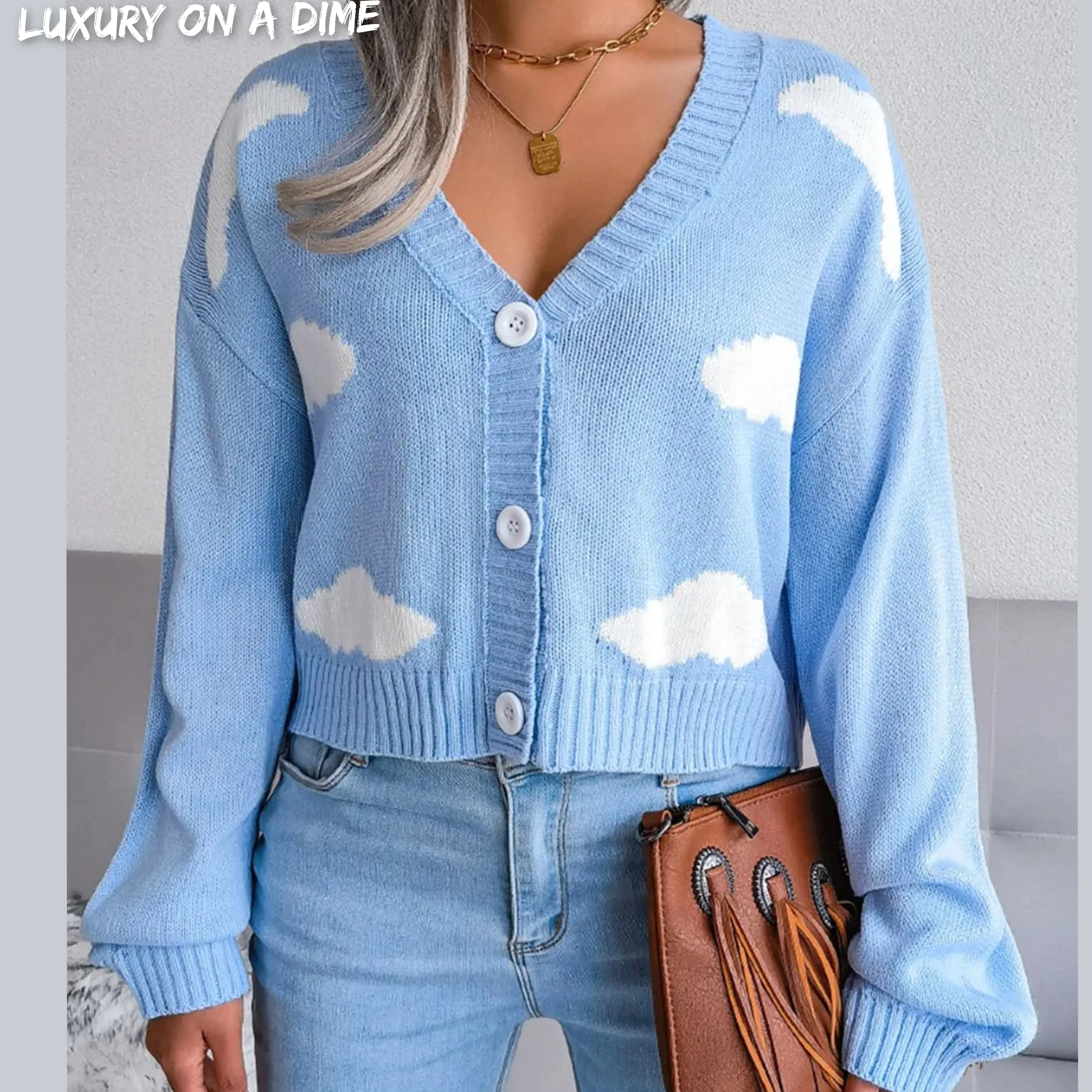 Cloud Print Cropped Classic Knit Button Front Retro Long Sleeve Cardigan