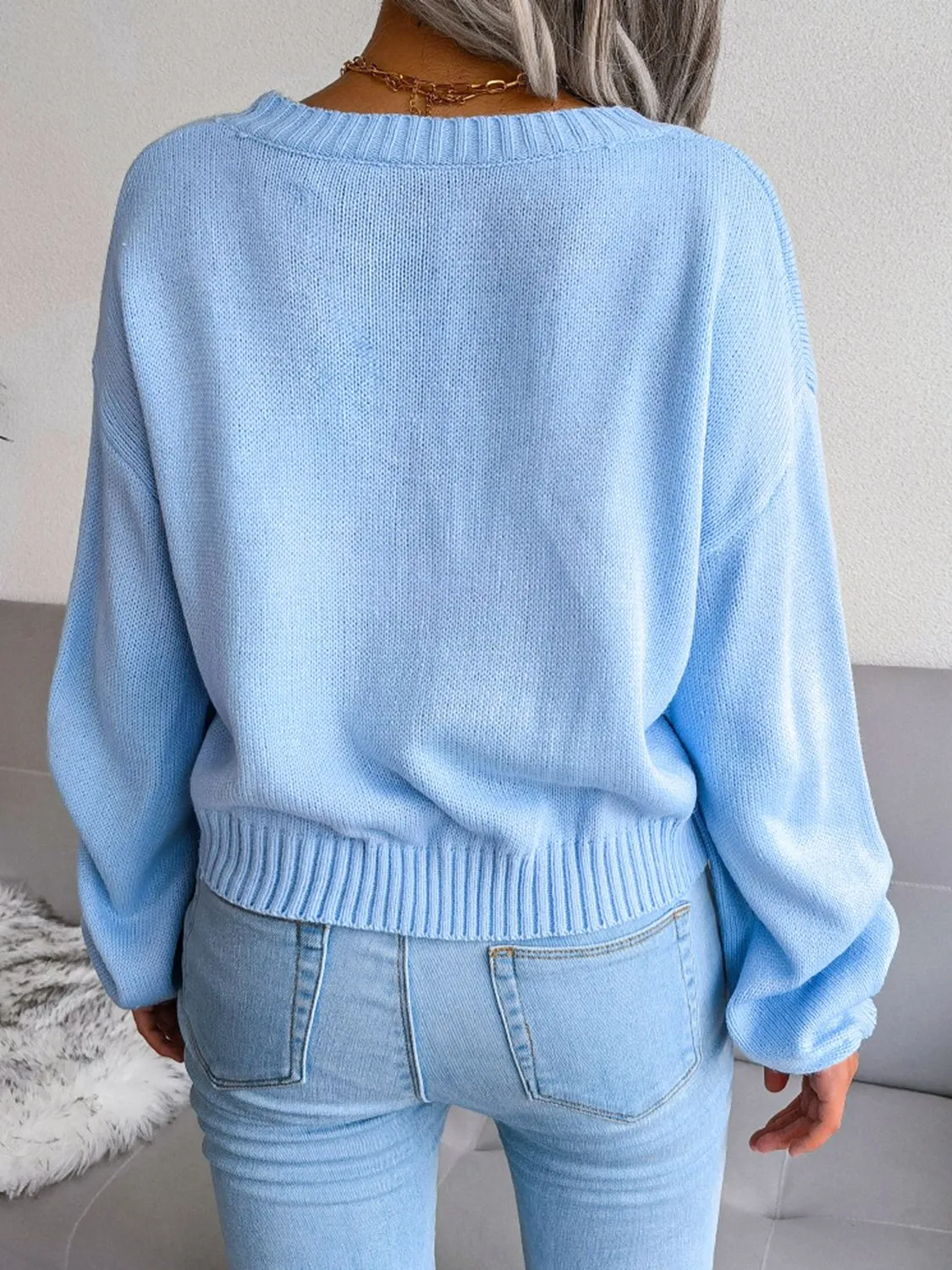 Cloud Print Cropped Classic Knit Button Front Retro Long Sleeve Cardigan
