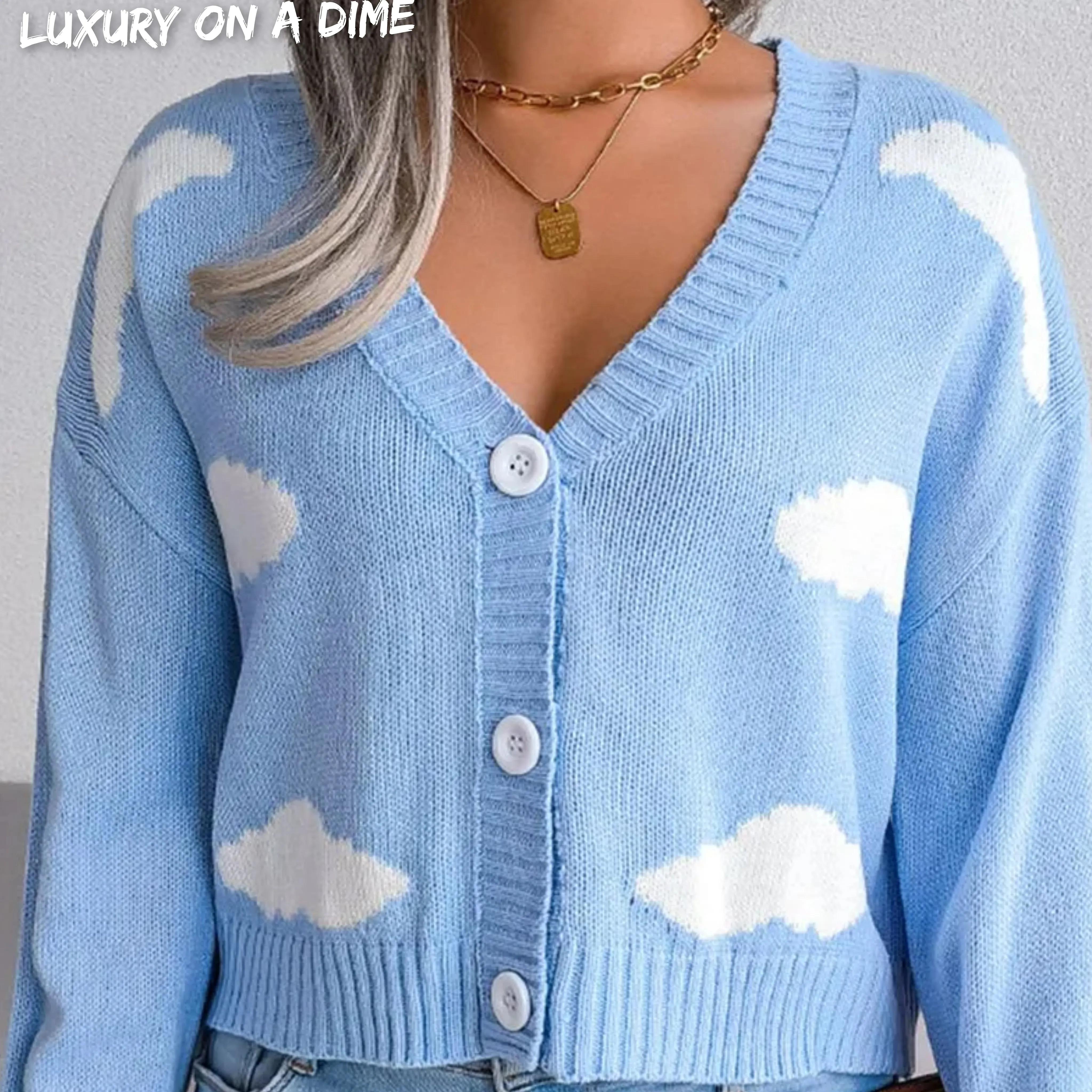 Cloud Print Cropped Classic Knit Button Front Retro Long Sleeve Cardigan