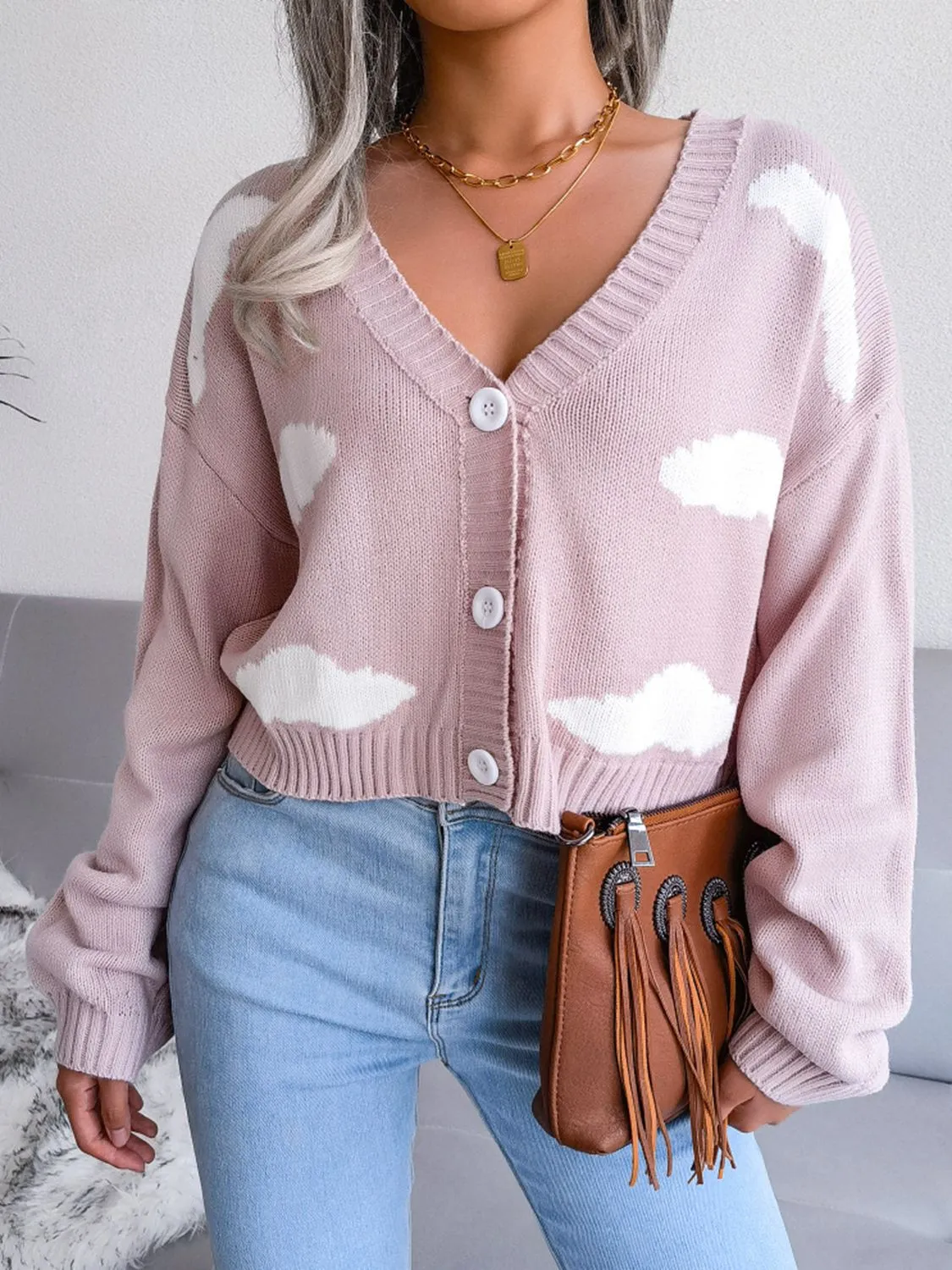 Cloud Print Cropped Classic Knit Button Front Retro Long Sleeve Cardigan