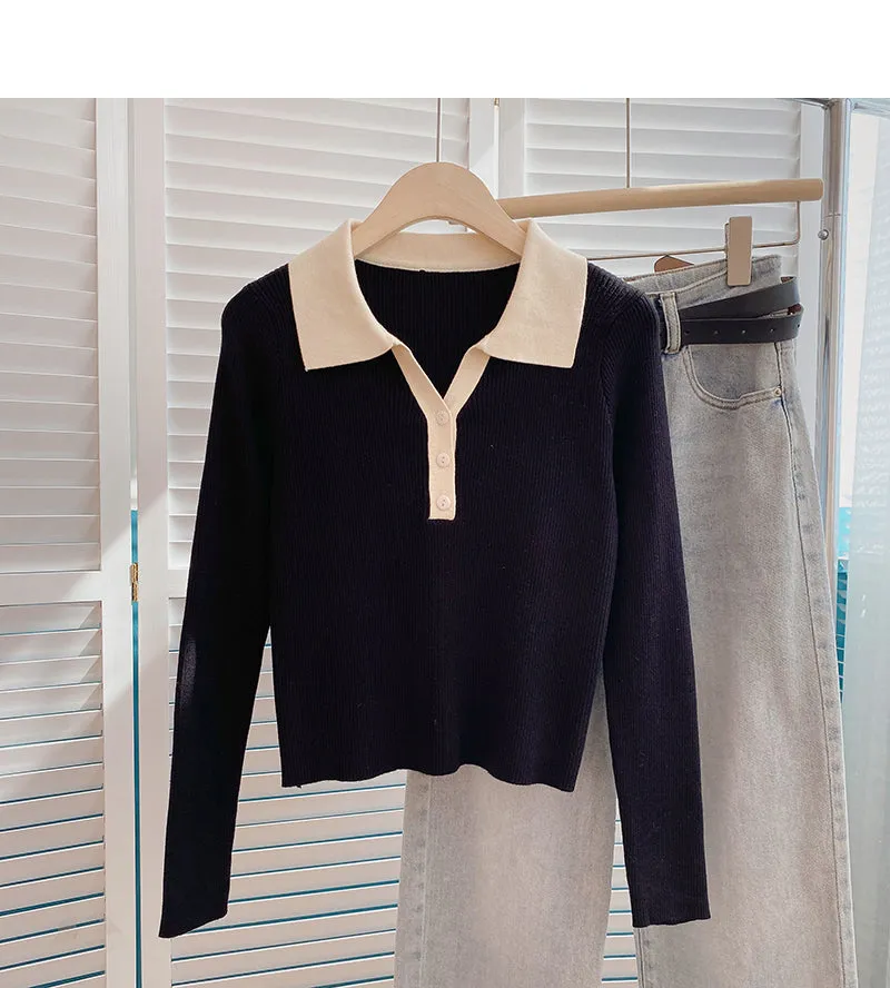 Color blocking slim fit short sweater casual slim long sleeve  6685
