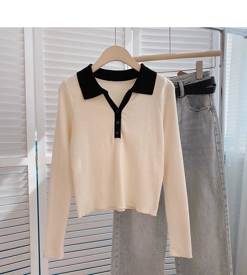 Color blocking slim fit short sweater casual slim long sleeve  6685
