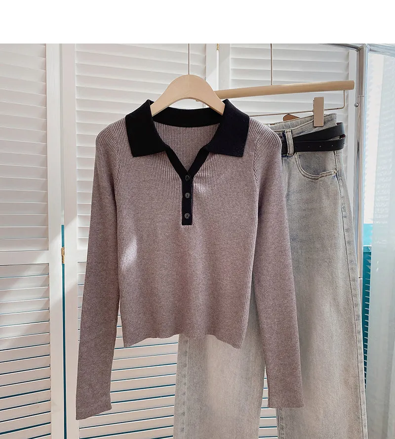 Color blocking slim fit short sweater casual slim long sleeve  6685