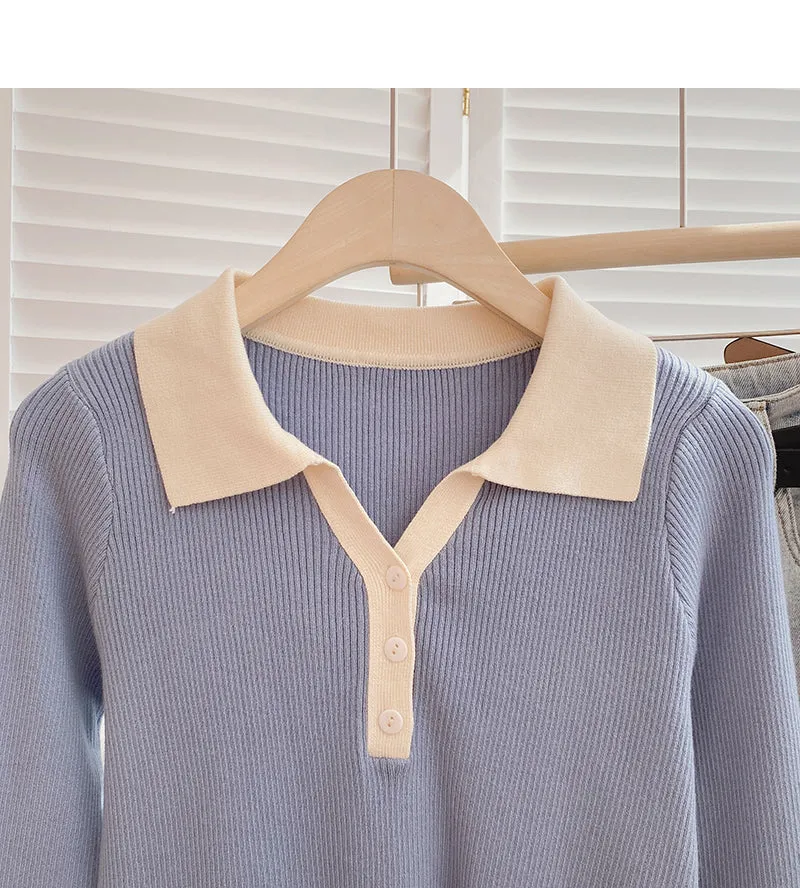 Color blocking slim fit short sweater casual slim long sleeve  6685