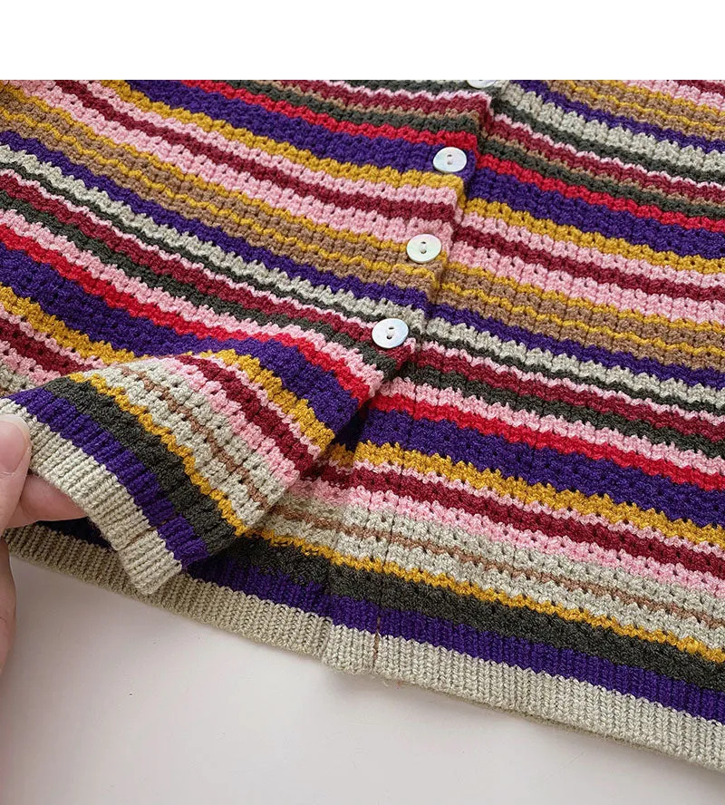 Colorful striped sweater sweet high waist short V-neck top  6521
