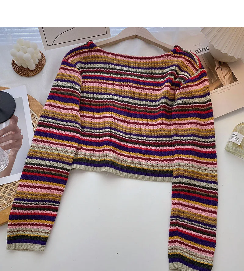Colorful striped sweater sweet high waist short V-neck top  6521