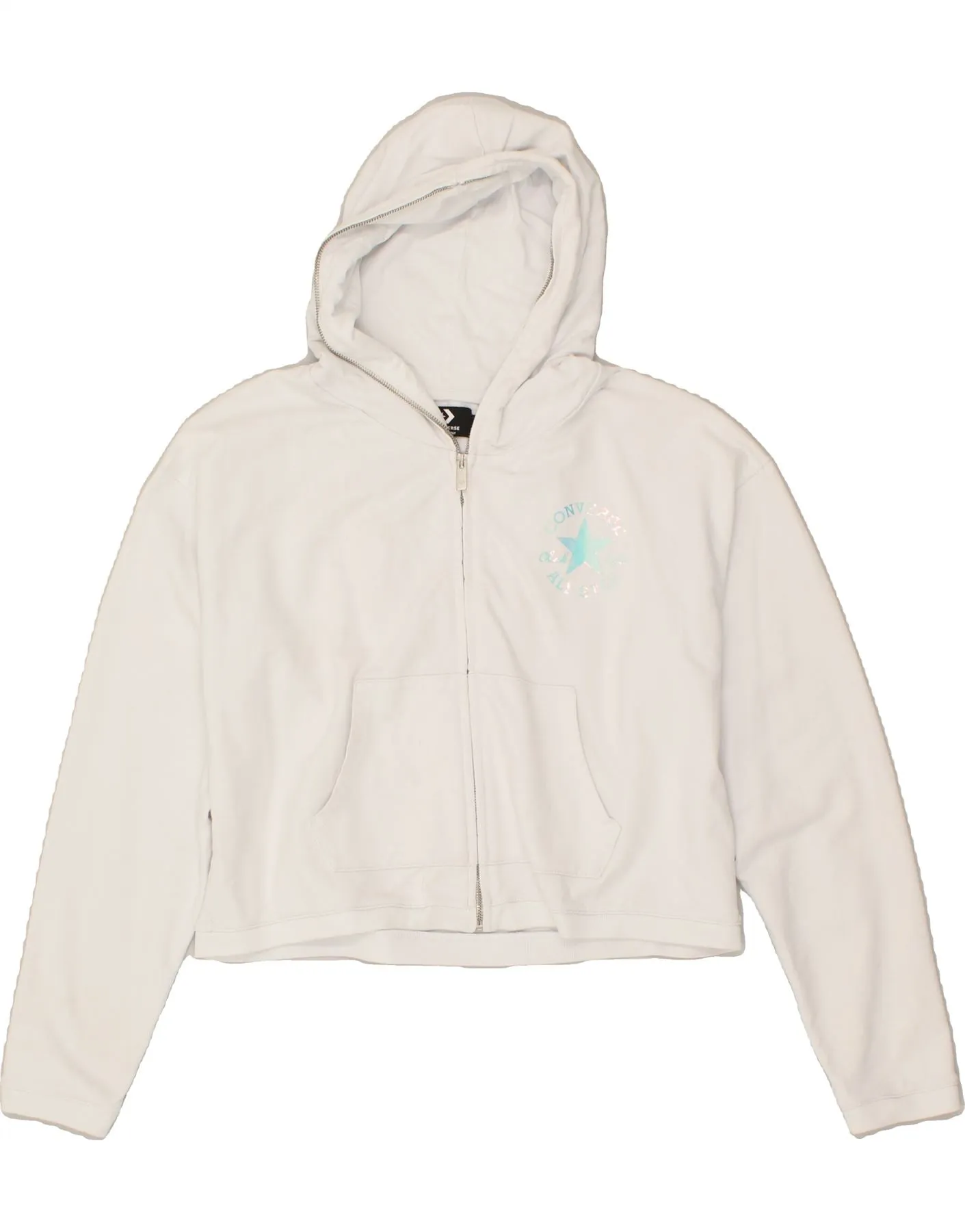 CONVERSE Womens Loose Fit Crop Zip Hoodie Sweater UK 14 Medium White