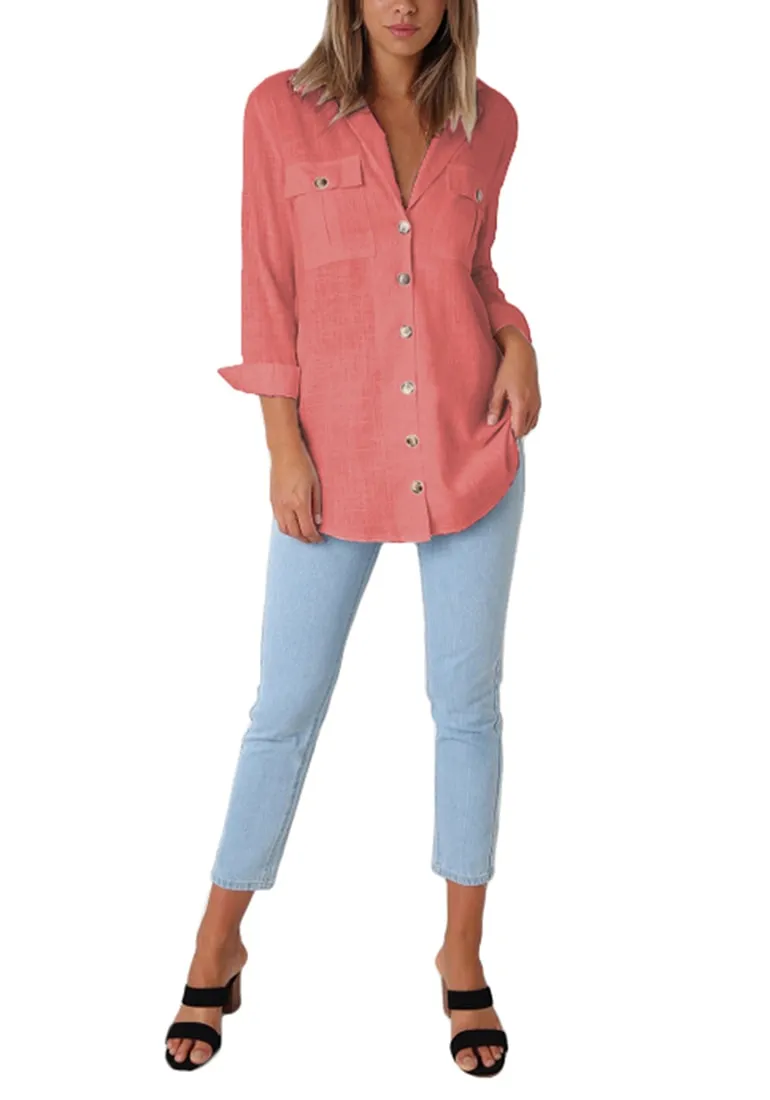 Coral Long Cuffed Sleeves Lapel Button-Up Blouse