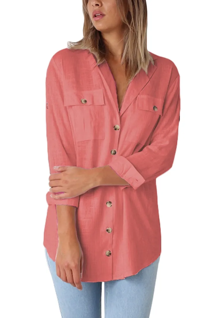 Coral Long Cuffed Sleeves Lapel Button-Up Blouse