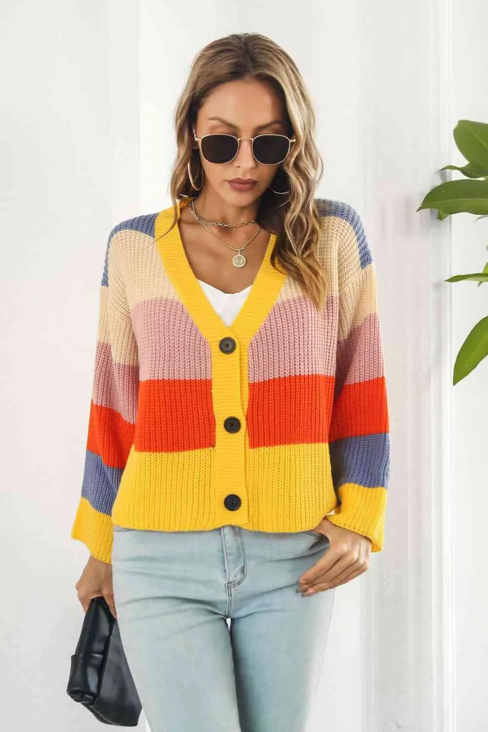 Cropped Color Block Waffle Knit Button Front Retro Long Sleeve Cardigan Sweater