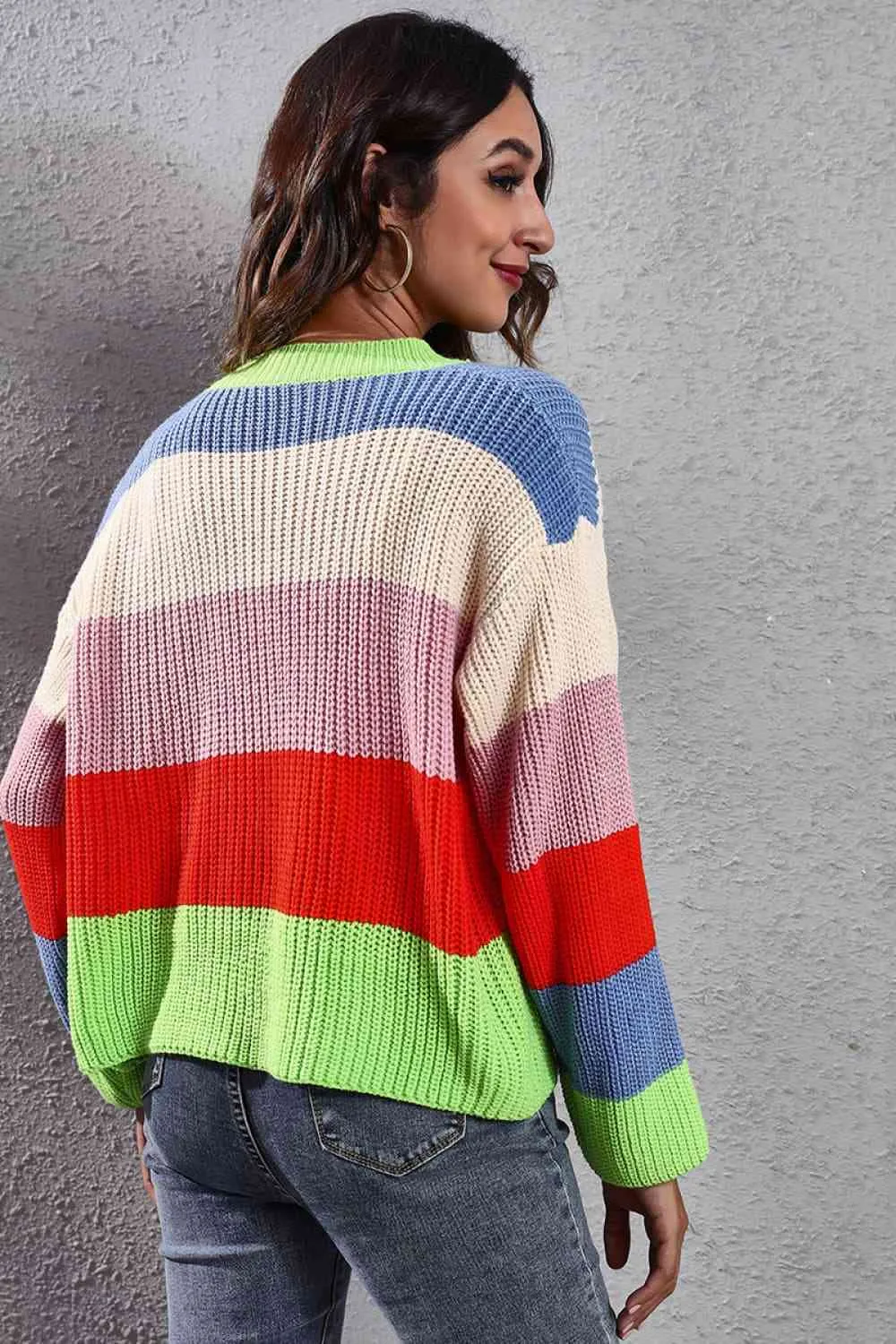 Cropped Color Block Waffle Knit Button Front Retro Long Sleeve Cardigan Sweater