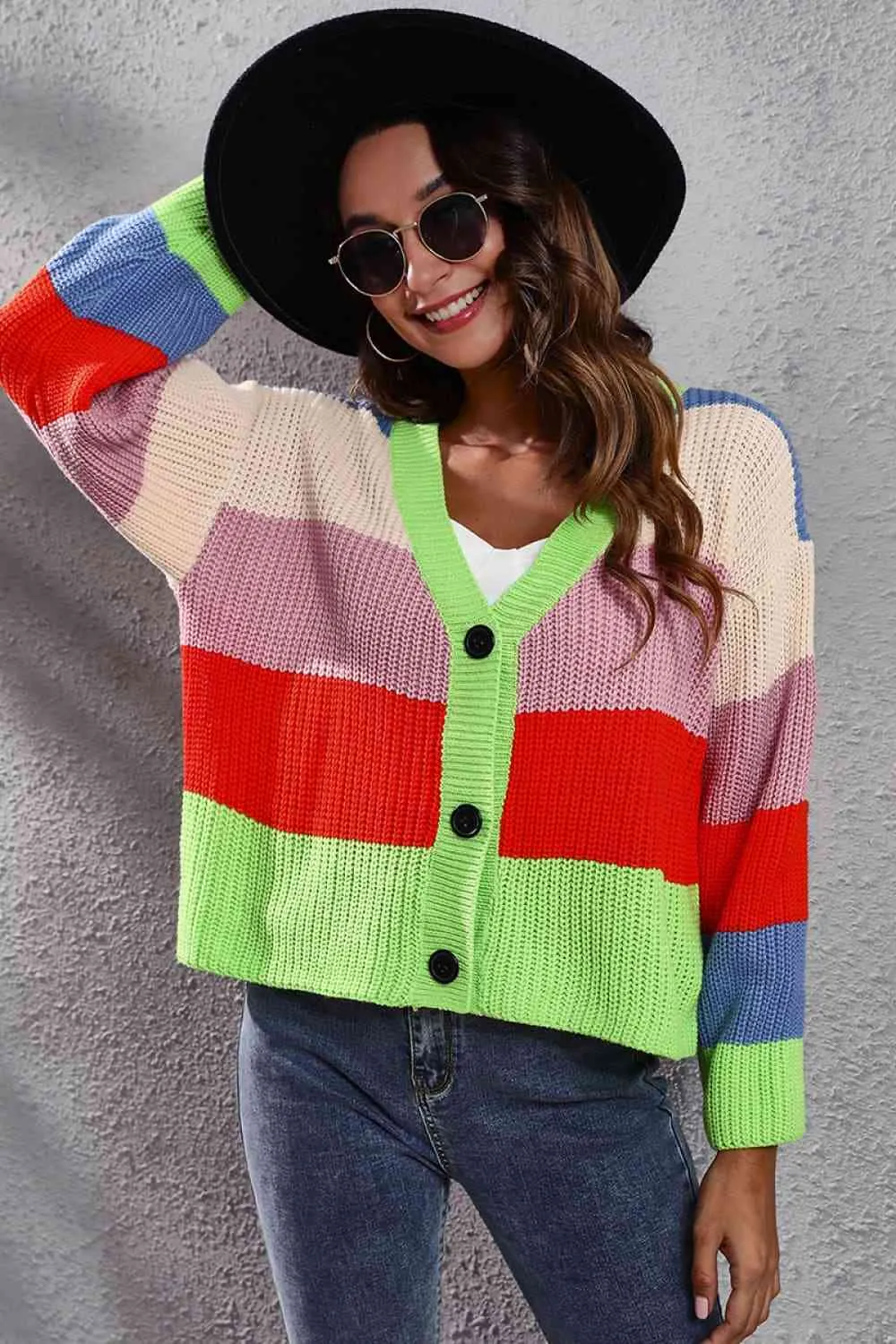 Cropped Color Block Waffle Knit Button Front Retro Long Sleeve Cardigan Sweater