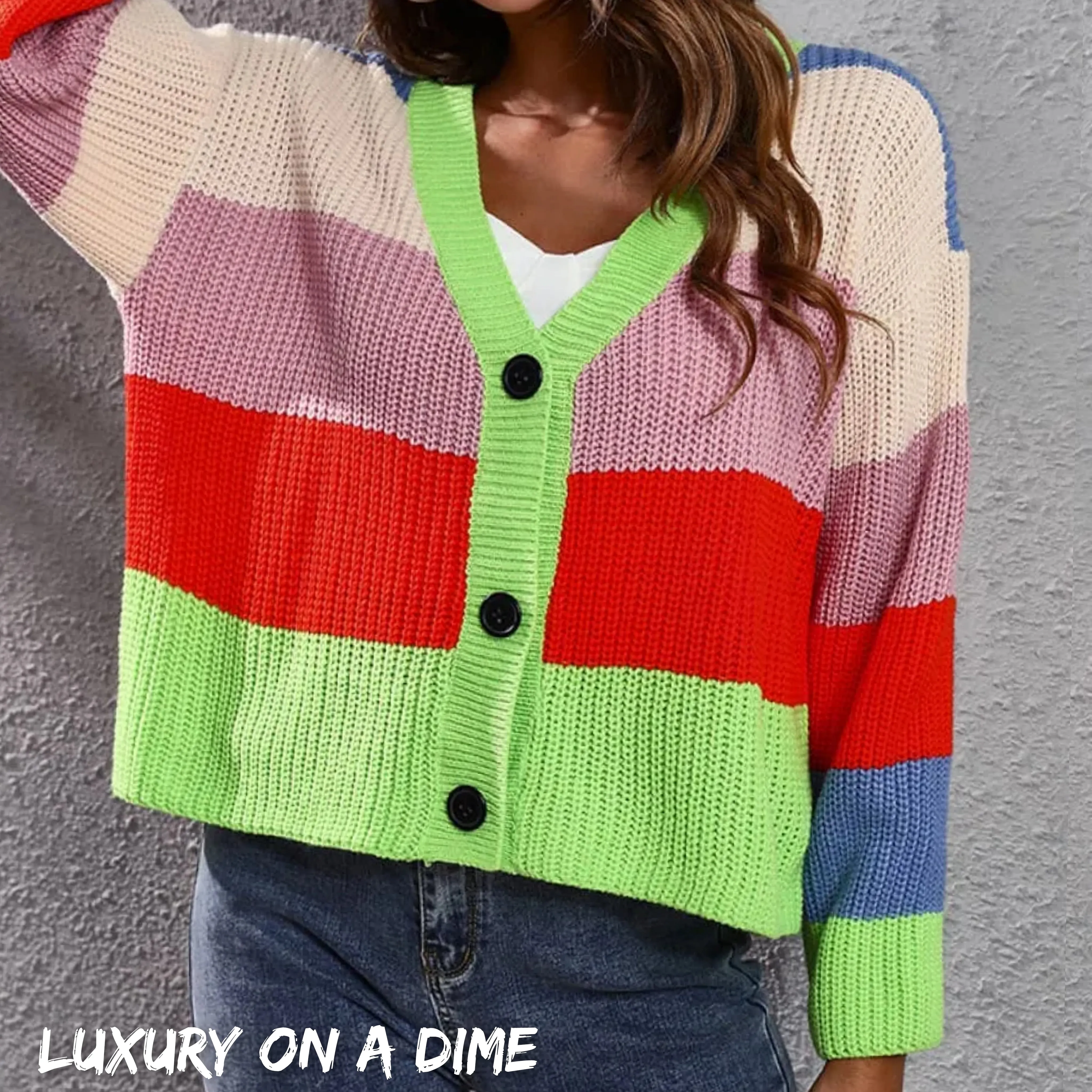 Cropped Color Block Waffle Knit Button Front Retro Long Sleeve Cardigan Sweater