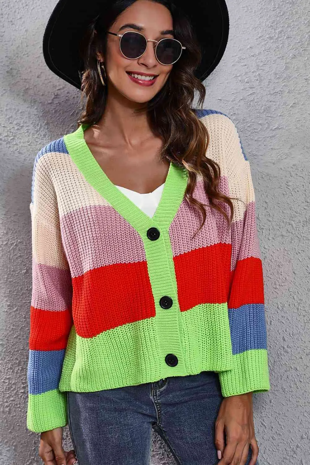 Cropped Color Block Waffle Knit Button Front Retro Long Sleeve Cardigan Sweater