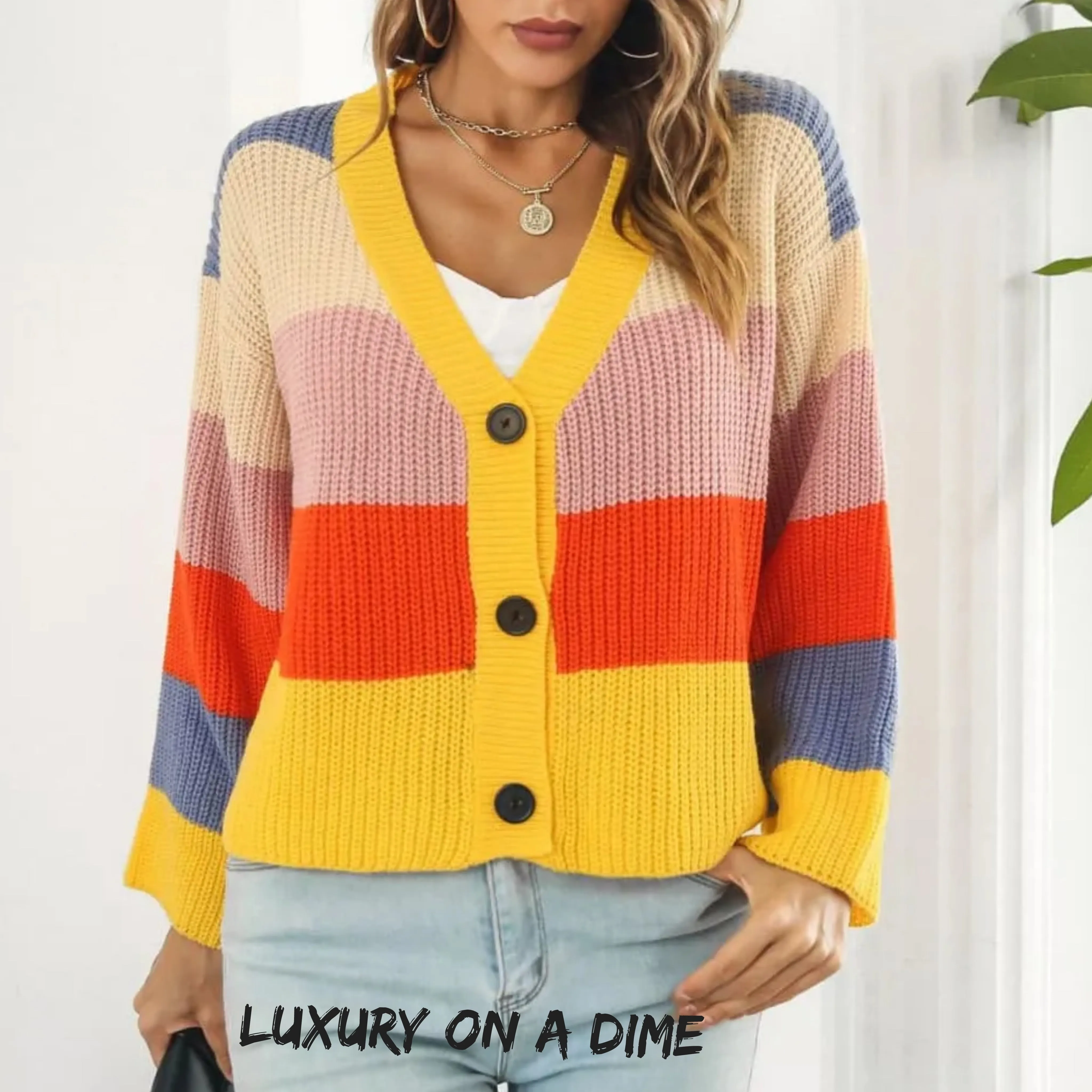 Cropped Color Block Waffle Knit Button Front Retro Long Sleeve Cardigan Sweater