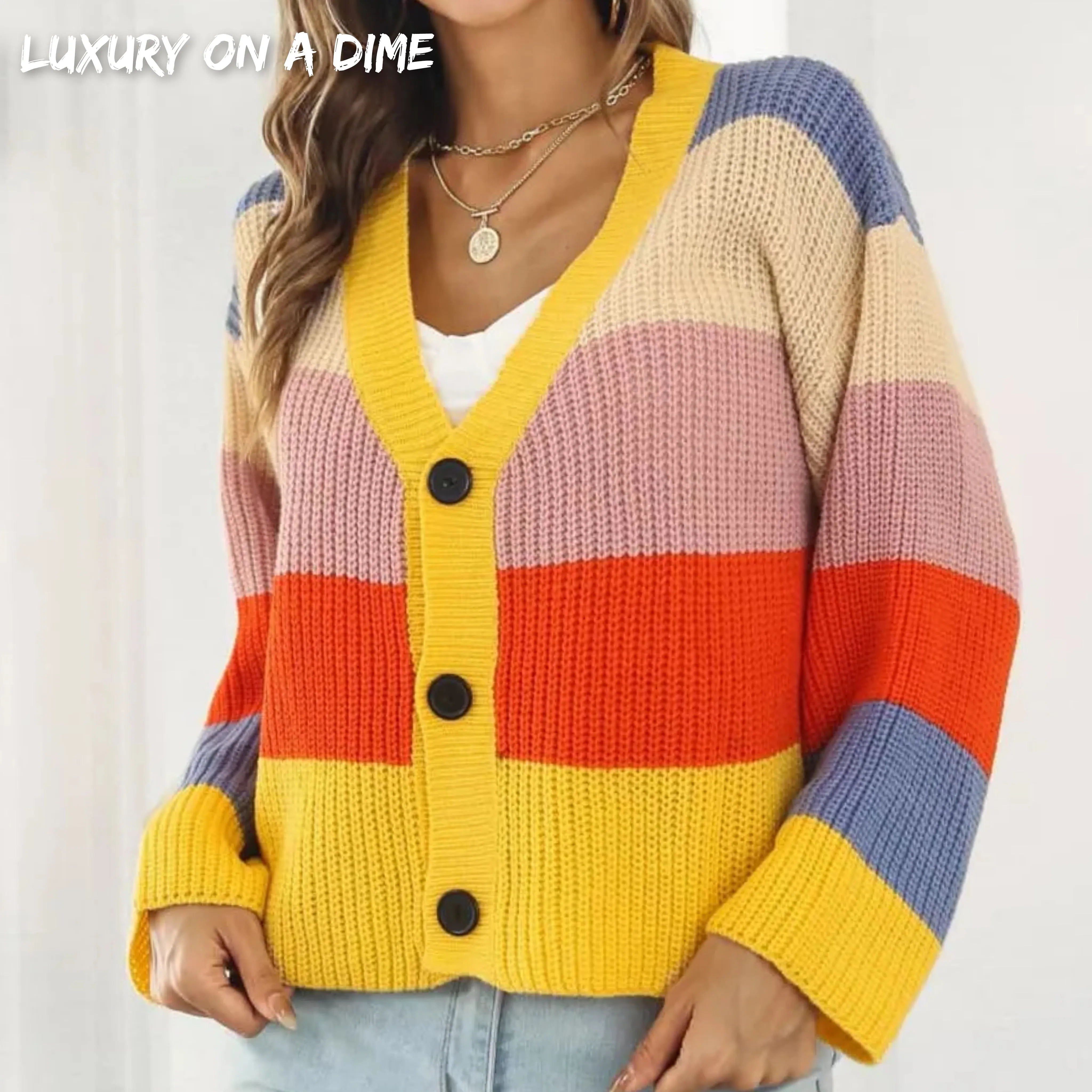Cropped Color Block Waffle Knit Button Front Retro Long Sleeve Cardigan Sweater