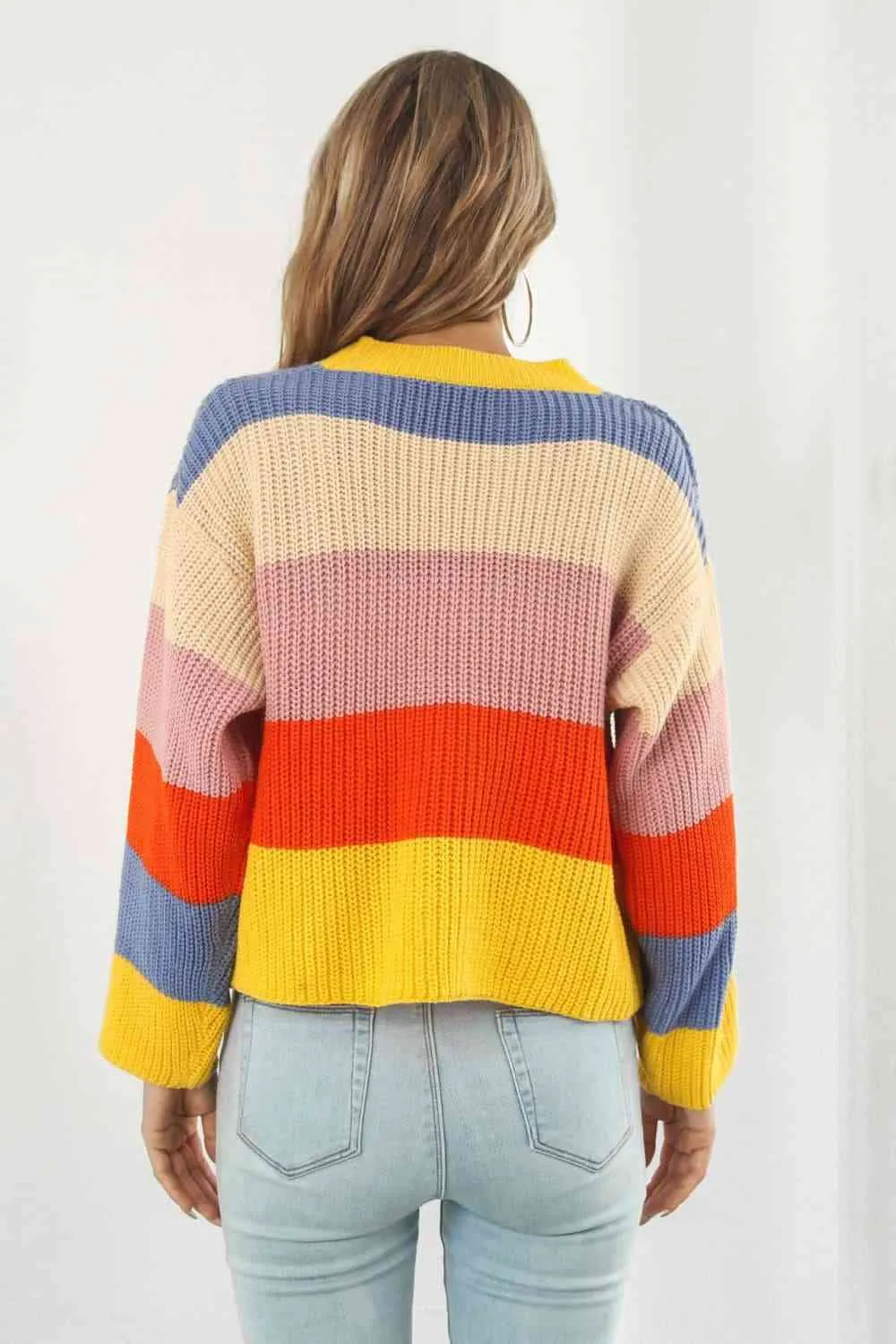 Cropped Color Block Waffle Knit Button Front Retro Long Sleeve Cardigan Sweater
