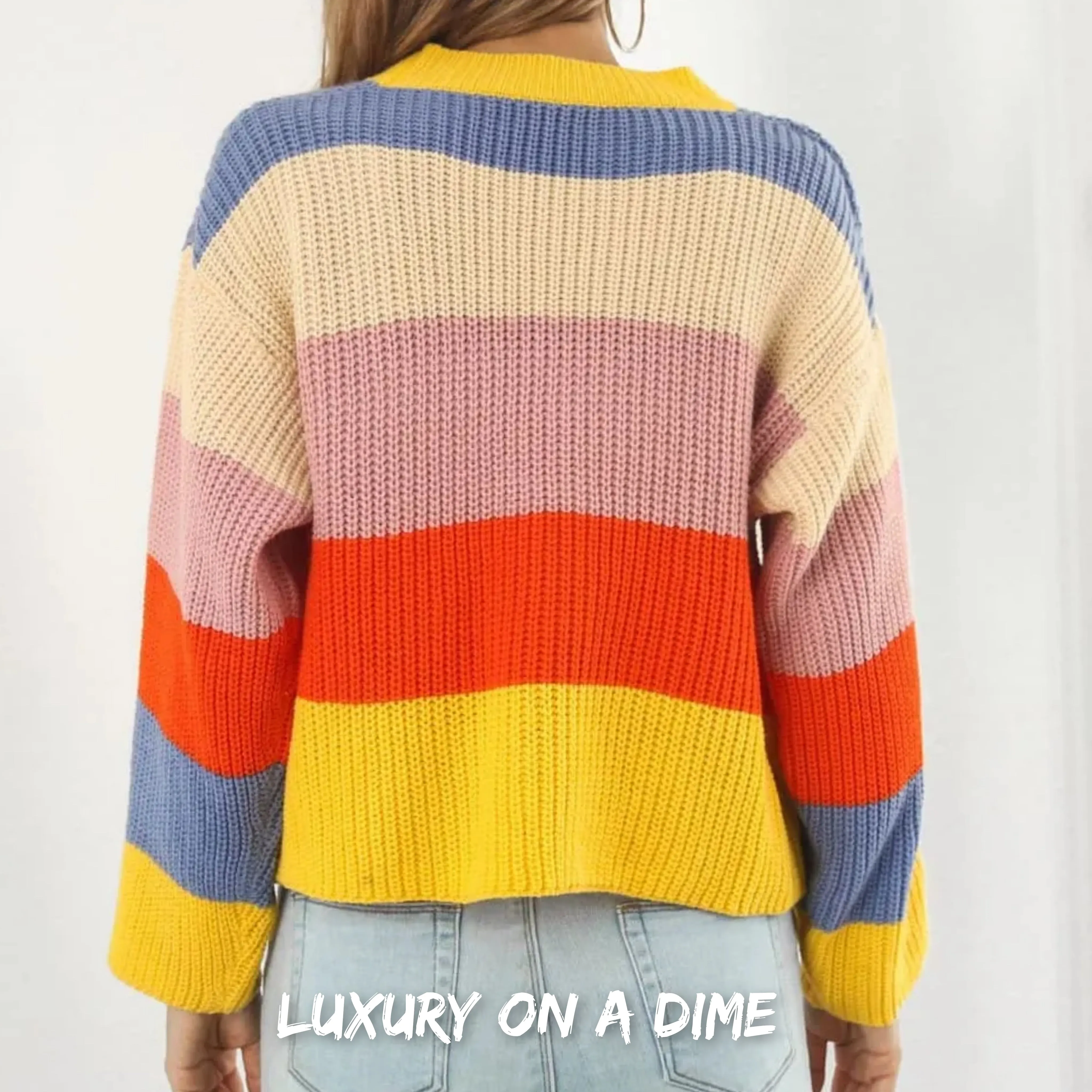 Cropped Color Block Waffle Knit Button Front Retro Long Sleeve Cardigan Sweater