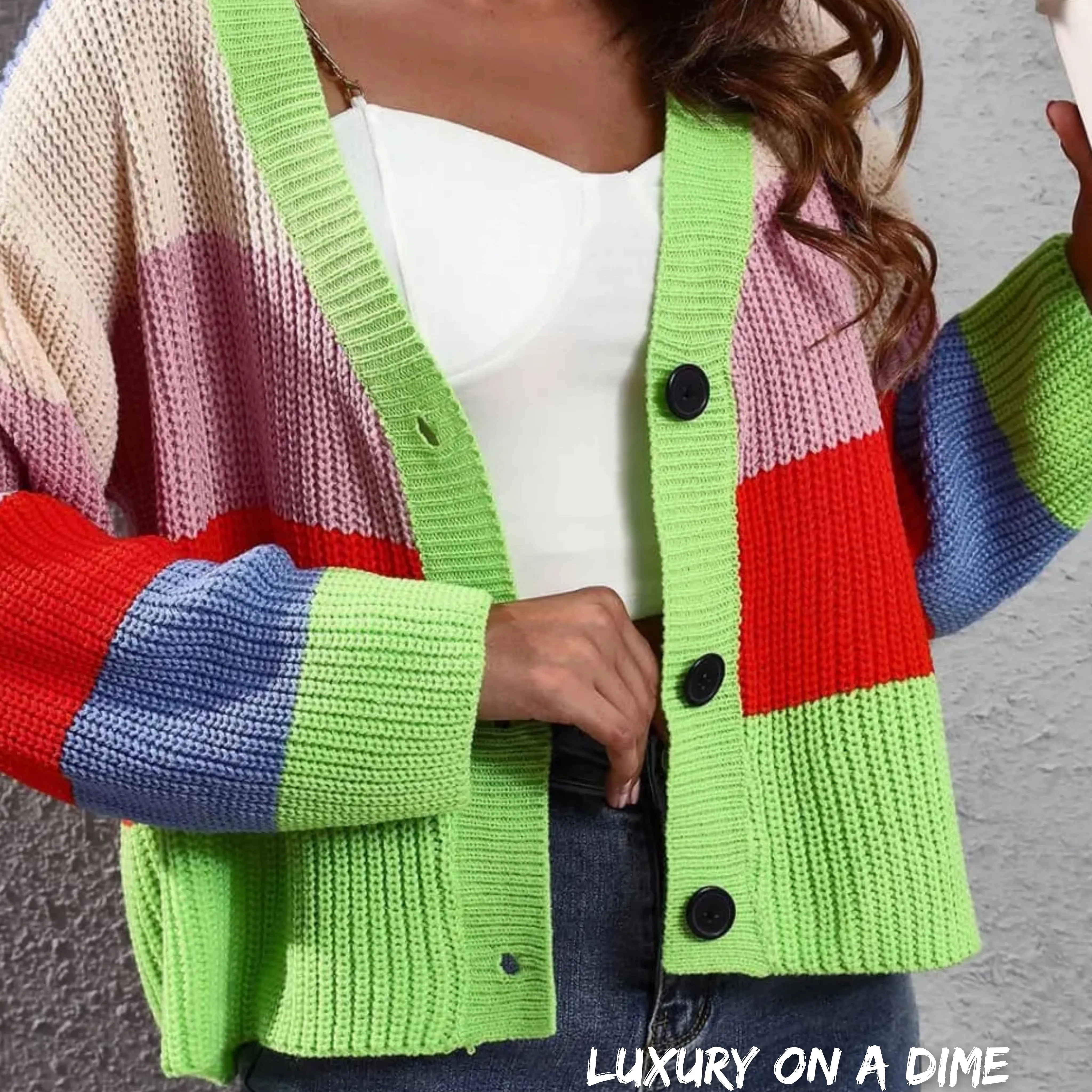 Cropped Color Block Waffle Knit Button Front Retro Long Sleeve Cardigan Sweater