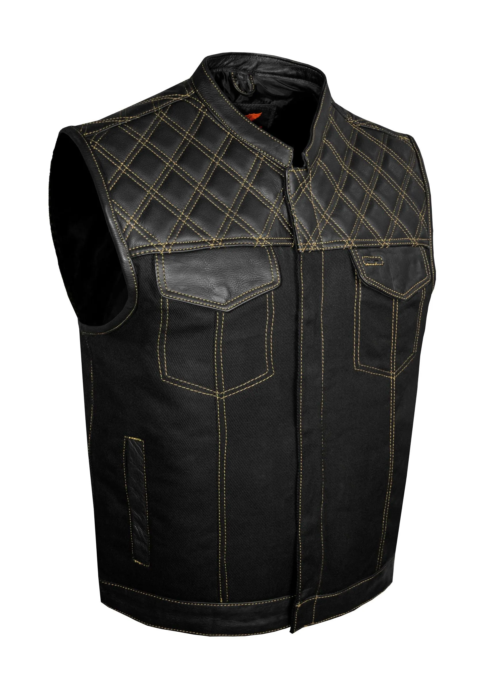 Dream Apparel Mens Black Club Vest Diamond Design Gold Thread Leather & Denim, Diamond Padding