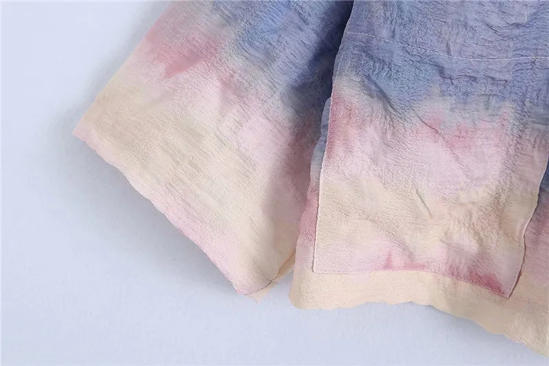 European street fashion loose casual tie-dyed shirt crop top demi sleeve buttons placket