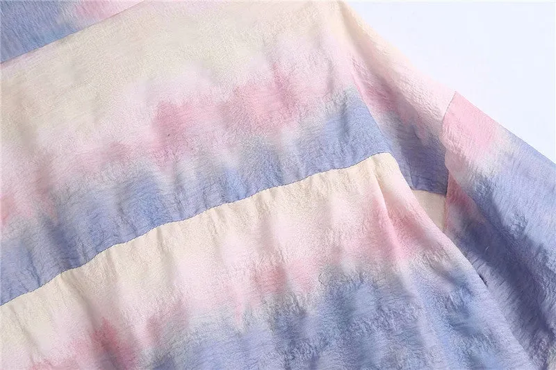 European street fashion loose casual tie-dyed shirt crop top demi sleeve buttons placket