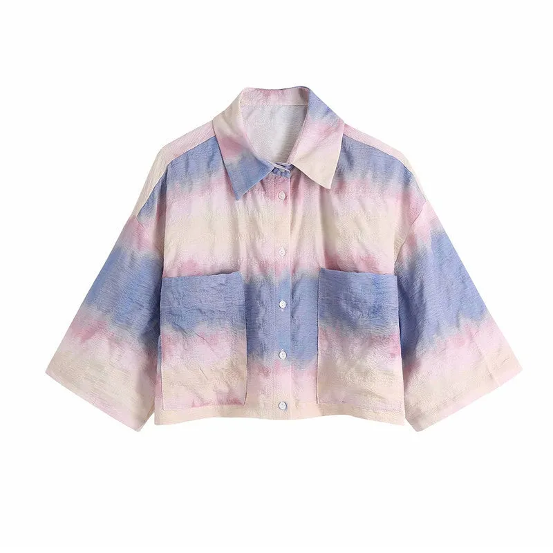 European street fashion loose casual tie-dyed shirt crop top demi sleeve buttons placket