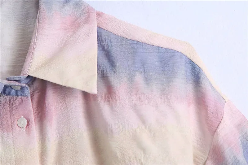 European street fashion loose casual tie-dyed shirt crop top demi sleeve buttons placket
