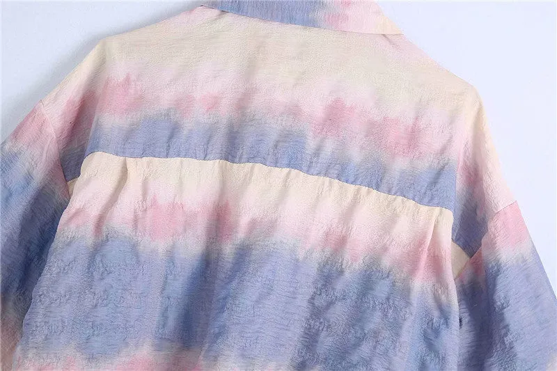 European street fashion loose casual tie-dyed shirt crop top demi sleeve buttons placket