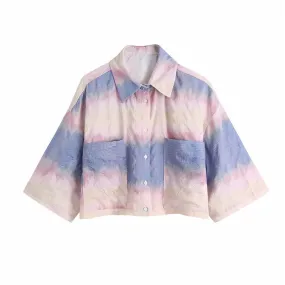 European street fashion loose casual tie-dyed shirt crop top demi sleeve buttons placket