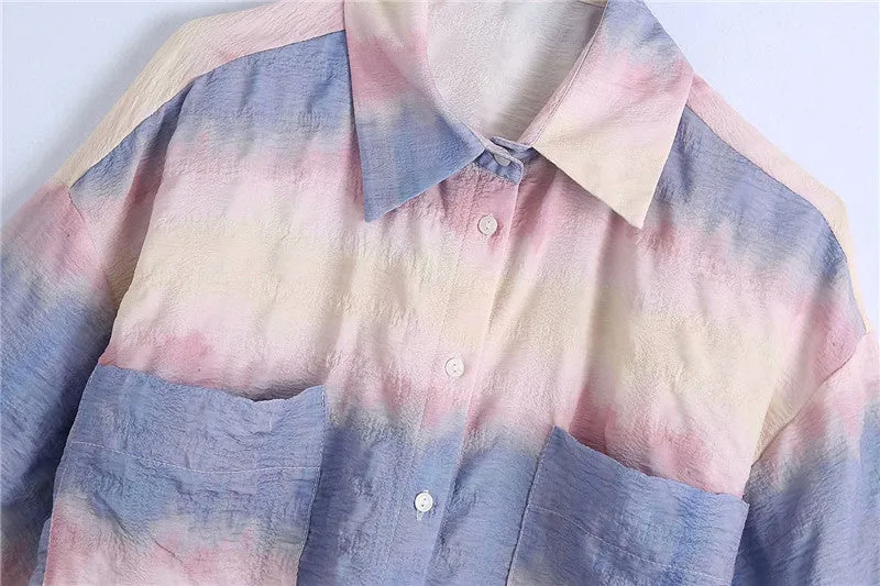 European street fashion loose casual tie-dyed shirt crop top demi sleeve buttons placket